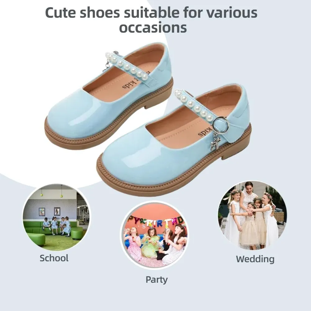 Little Girls Mary Jane Ballerina Ballet Flats for School Wedding Party - Pearl Strap Toddler Flower Girl Dress Shoes