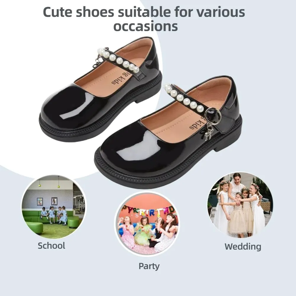 Little Girls Mary Jane Ballerina Ballet Flats for School Wedding Party - Pearl Strap Toddler Flower Girl Dress Shoes