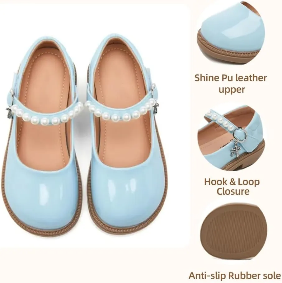 Little Girls Mary Jane Ballerina Ballet Flats for School Wedding Party - Pearl Strap Toddler Flower Girl Dress Shoes