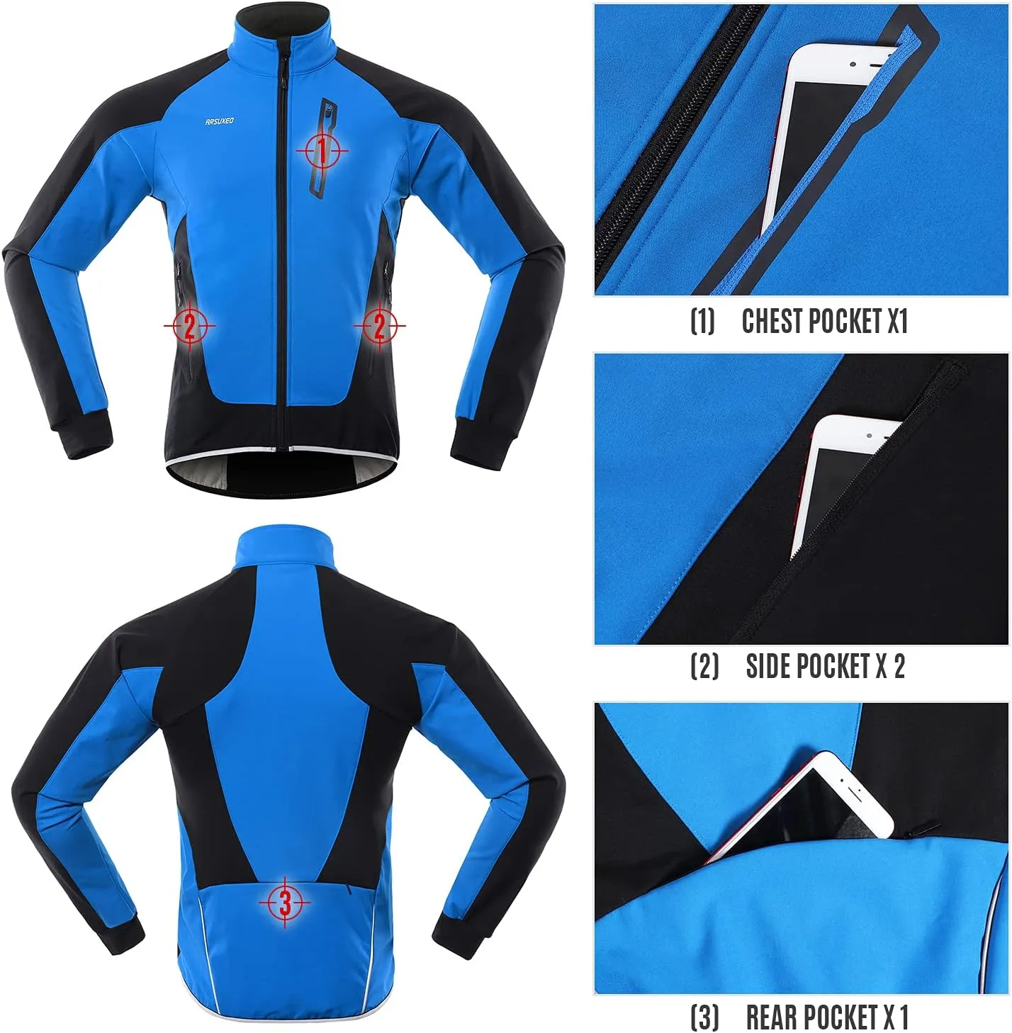 Lixada Men Cycling Jacket Thermal Fleece with Multi Pockets Waterproof Windproof Long Sleeves Sports Jacket Coat MTB Bike Jersey for Autumn Winter Running Cycling Jogging Daily Wear