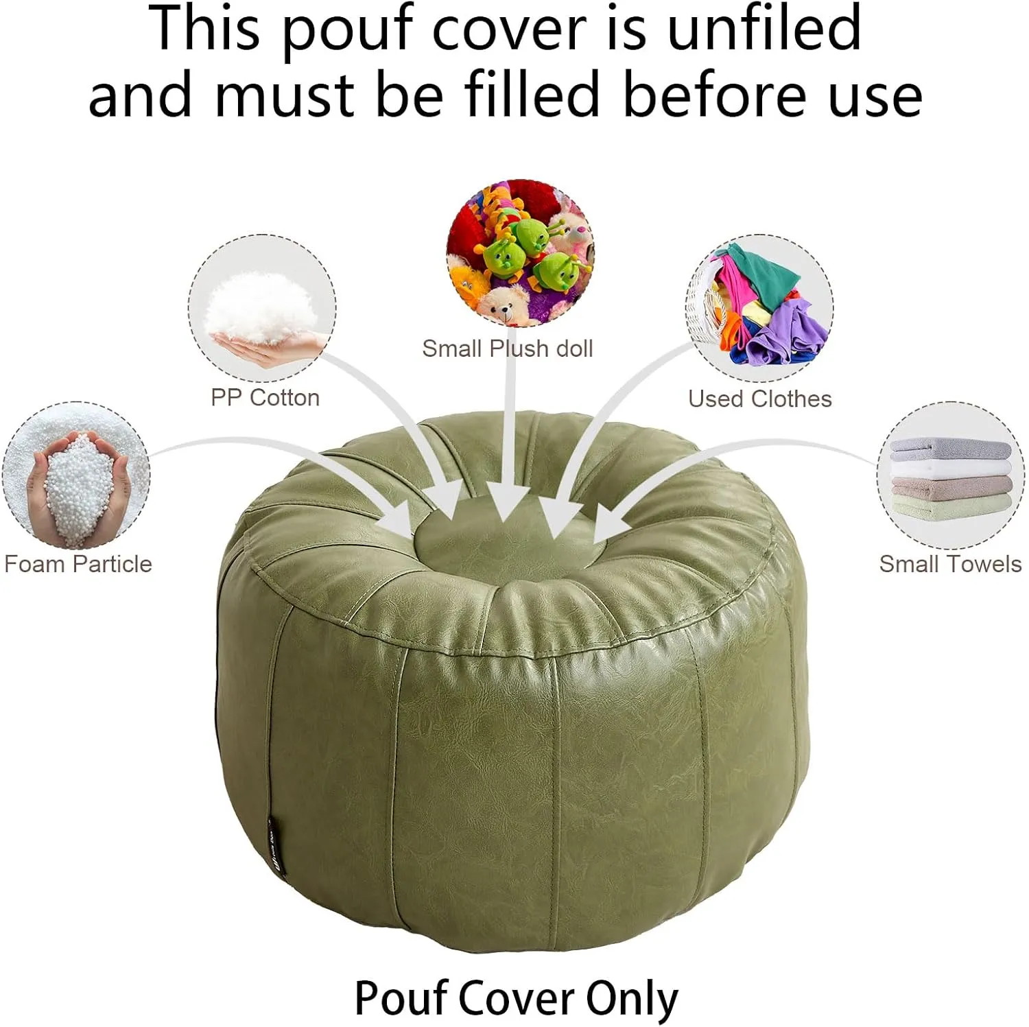 Louis Donné Unstuffed Pouf Ottoman for Foot Rest, Waterproof Faux Leather Moroccan Retro Stytle Small Bean Bag Cover Storage for Books Clothes Relax Pets Seeping Pet Cover(Only Cover)(Lucky Green)