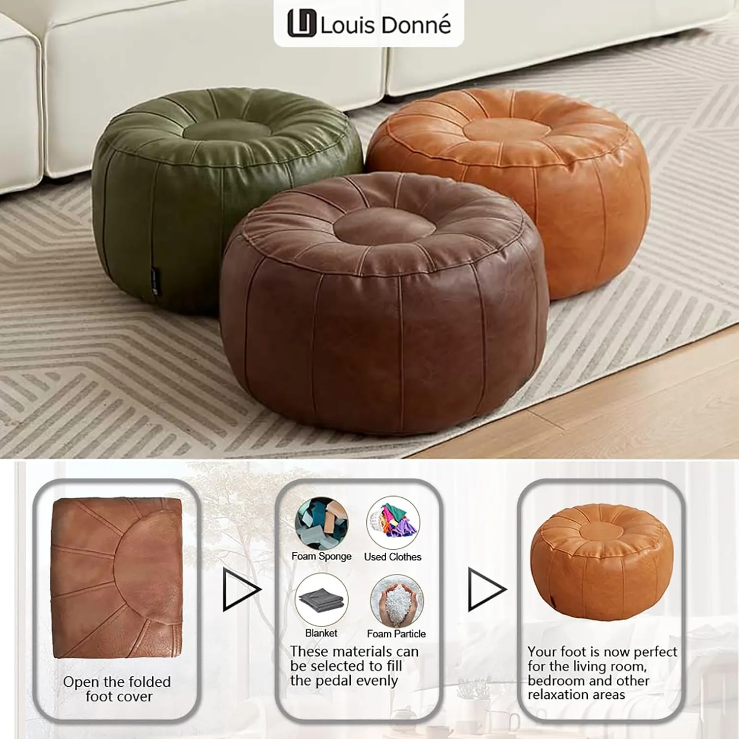 Louis Donné Unstuffed Pouf Ottoman for Foot Rest, Waterproof Faux Leather Moroccan Retro Stytle Small Bean Bag Cover Storage for Books Clothes Relax Pets Seeping Pet Cover(Only Cover)(Lucky Green)