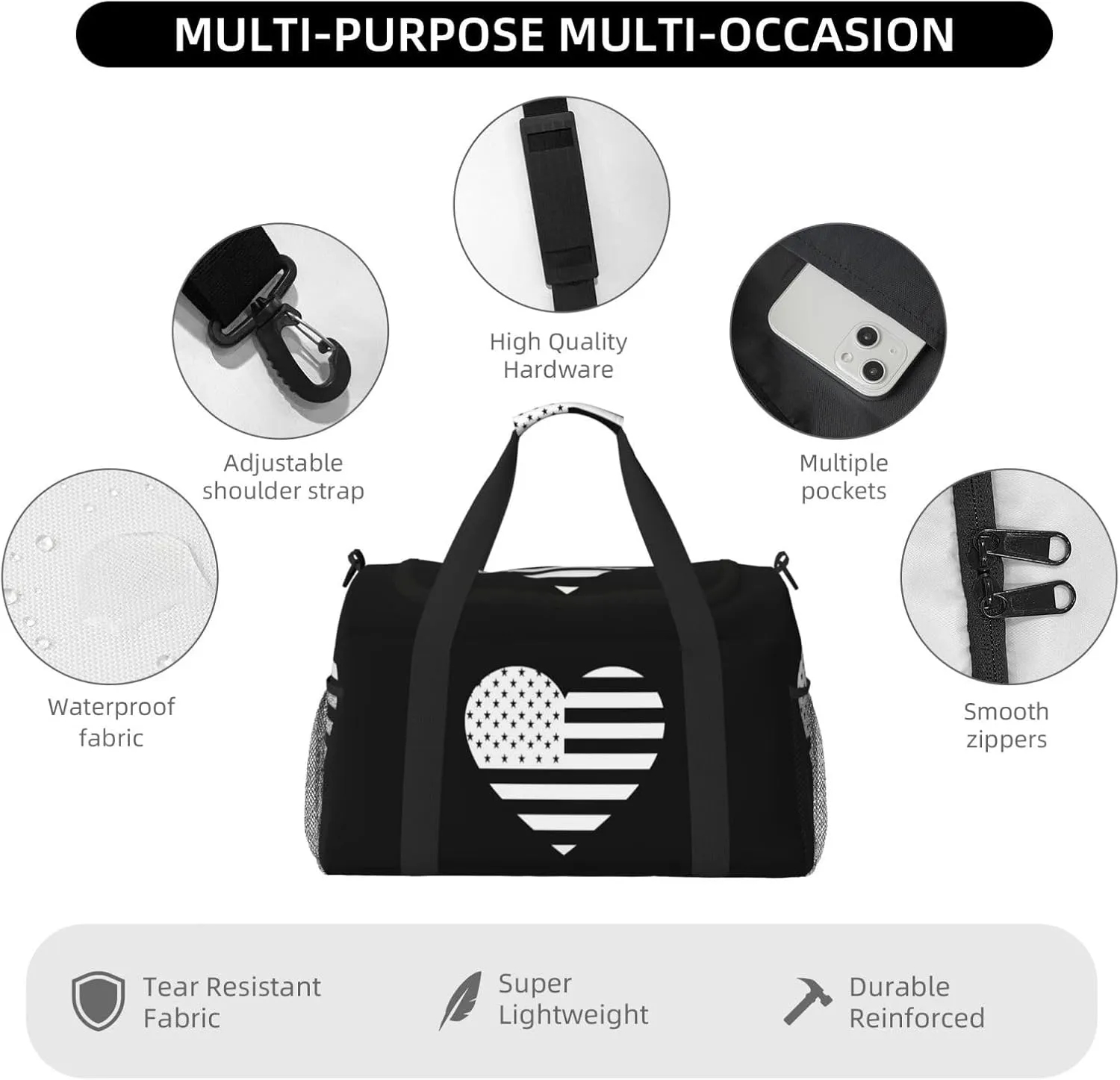 Love American Flag Travel Duffel Bag Large Foldable Waterproof Overnight Bag For Beach Swim Bags Pool Sports Gym