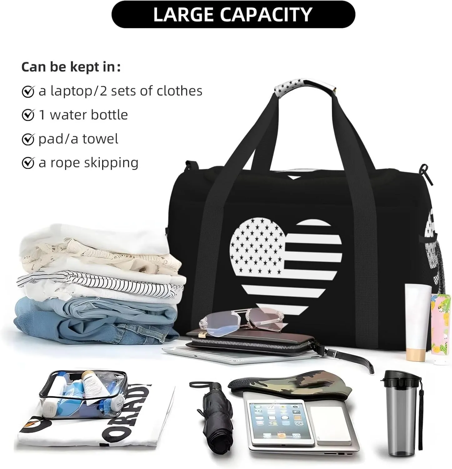 Love American Flag Travel Duffel Bag Large Foldable Waterproof Overnight Bag For Beach Swim Bags Pool Sports Gym