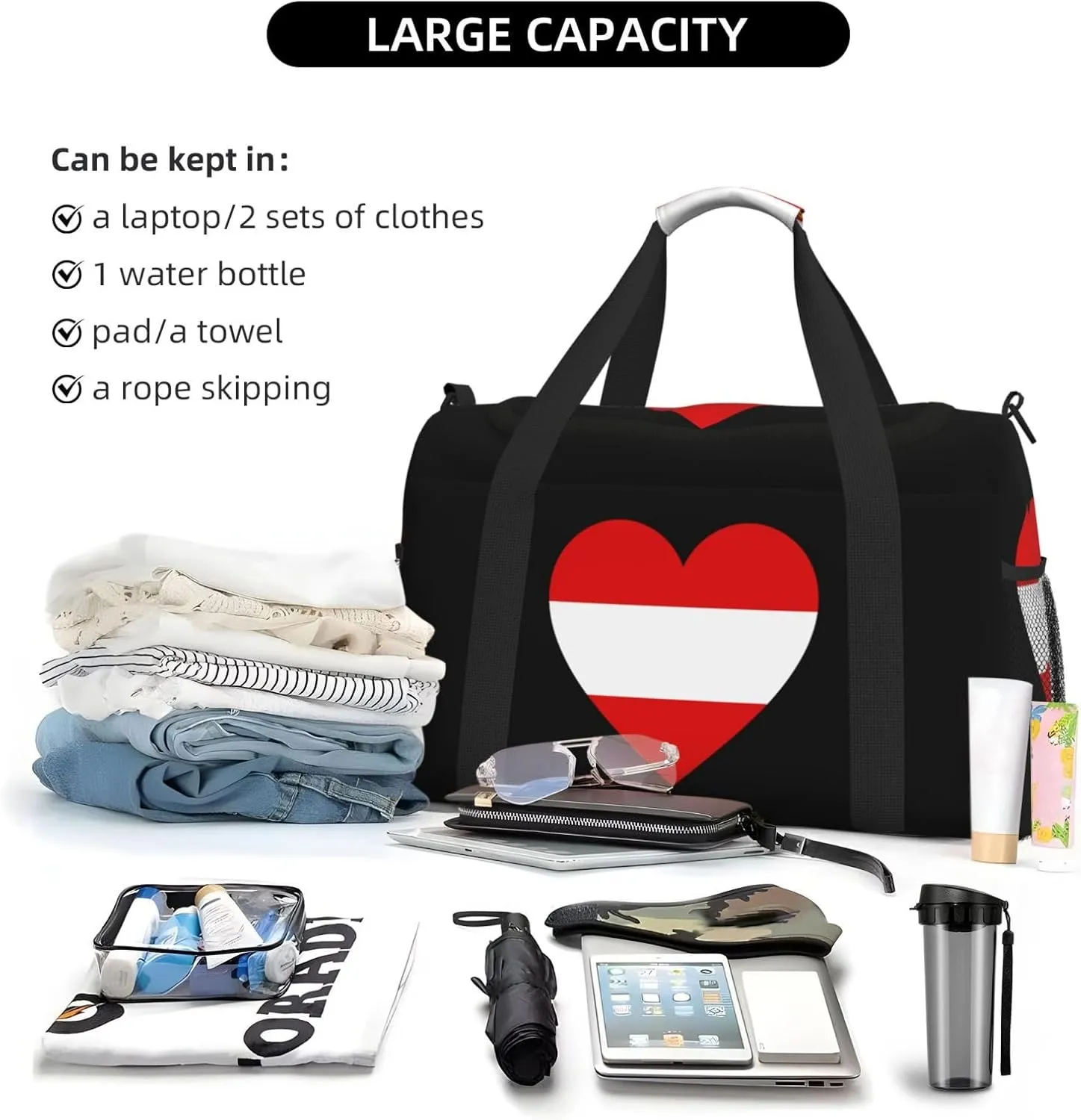 Love Austria Flag Travel Duffel Bag Large Foldable Waterproof Overnight Bag For Beach Swim Bags Pool Sports Gym