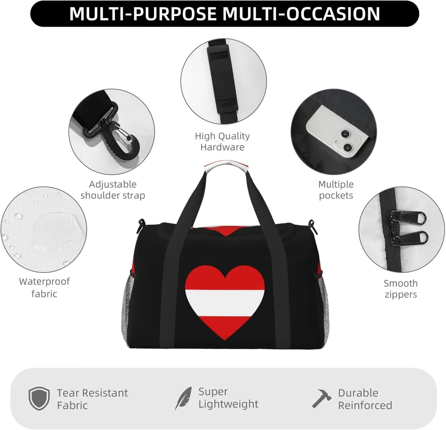 Love Austria Flag Travel Duffel Bag Large Foldable Waterproof Overnight Bag For Beach Swim Bags Pool Sports Gym