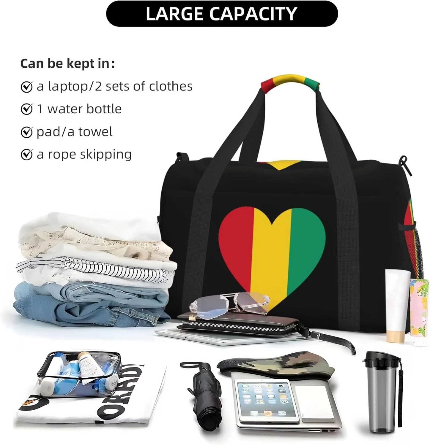 Love Guinea Flag Travel Duffel Bag Large Foldable Waterproof Overnight Bag For Beach Swim Bags Pool Sports Gym
