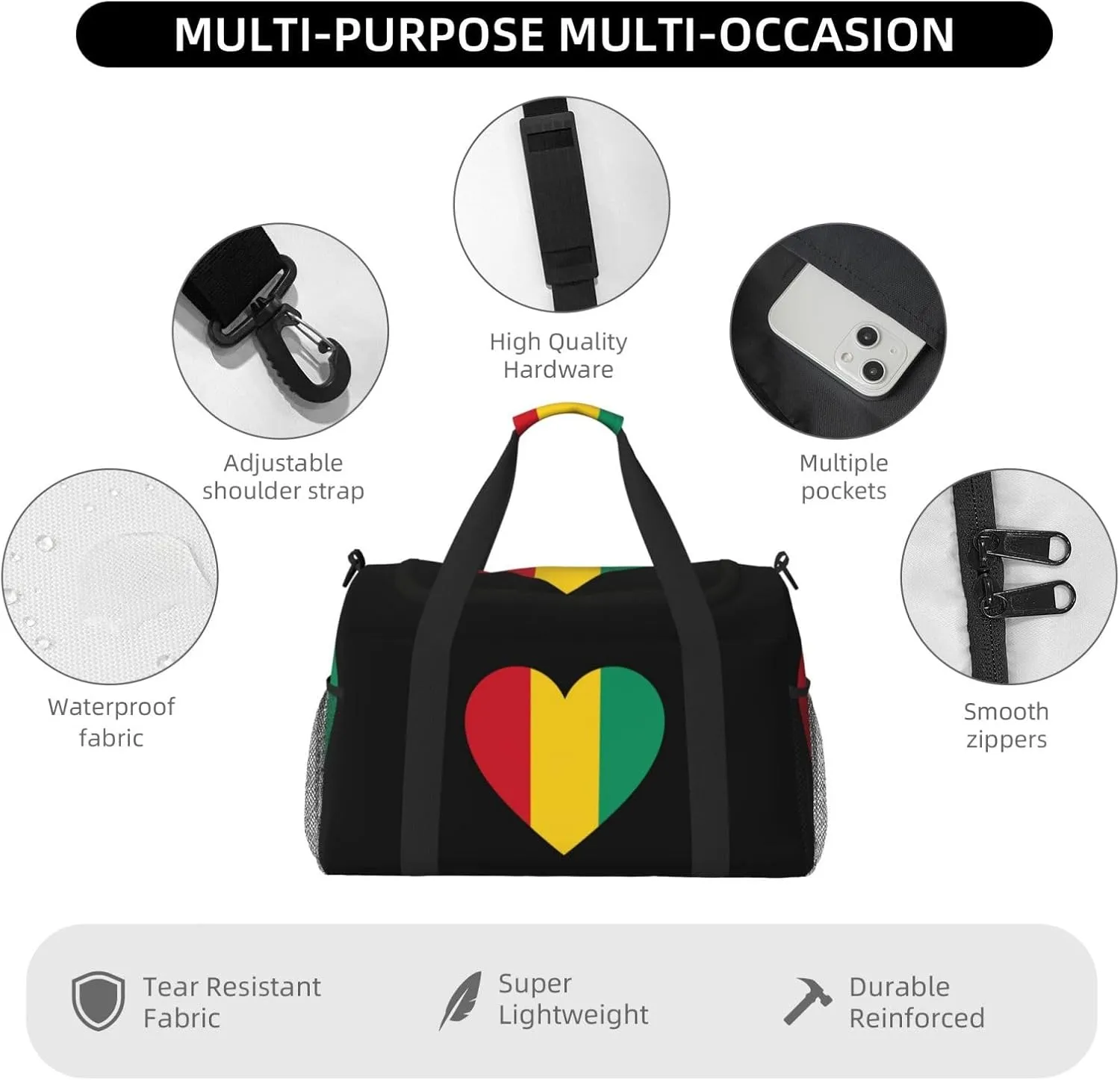 Love Guinea Flag Travel Duffel Bag Large Foldable Waterproof Overnight Bag For Beach Swim Bags Pool Sports Gym