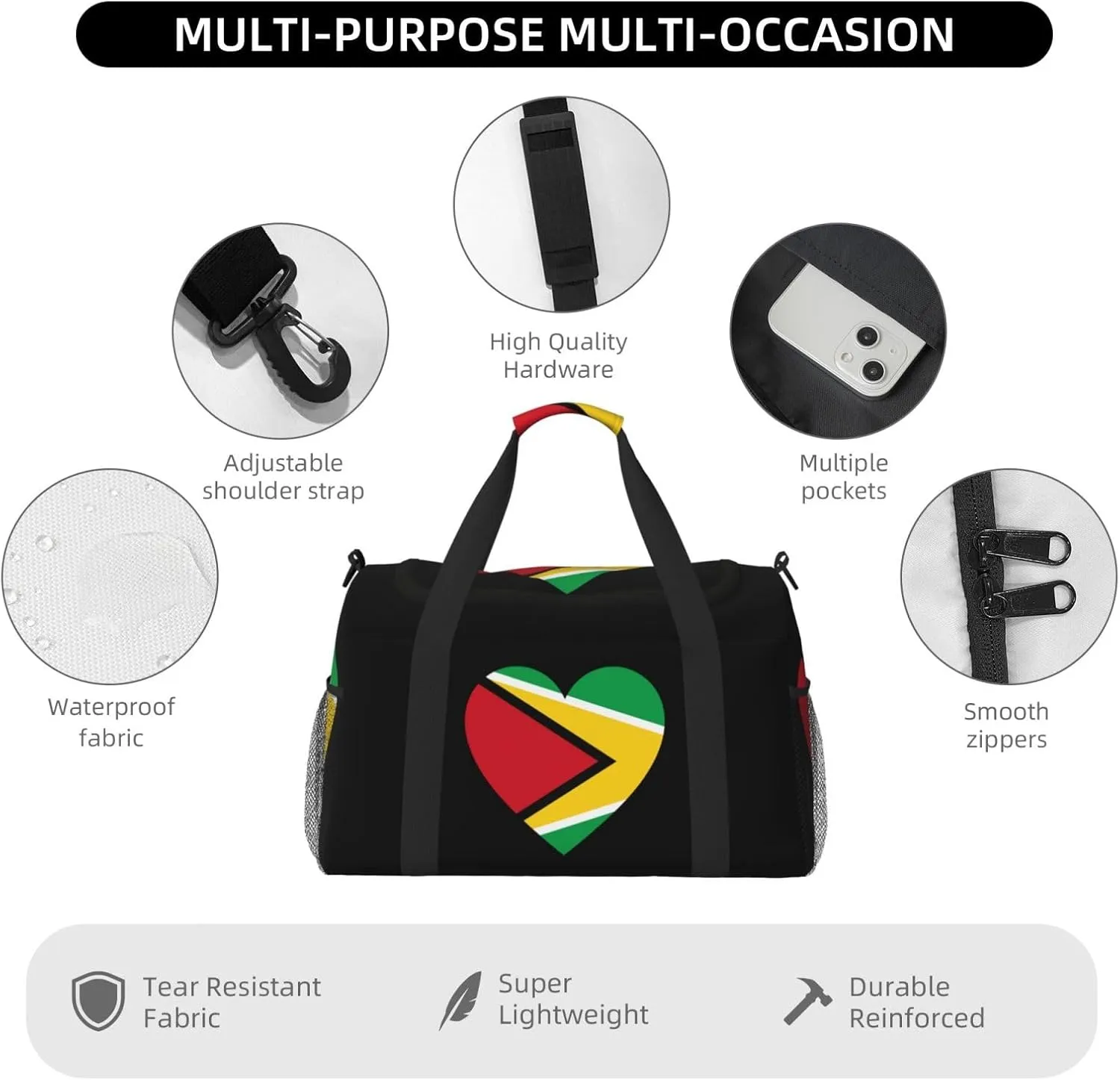 Love Guyana Flag Travel Duffel Bag Large Foldable Waterproof Overnight Bag For Beach Swim Bags Pool Sports Gym