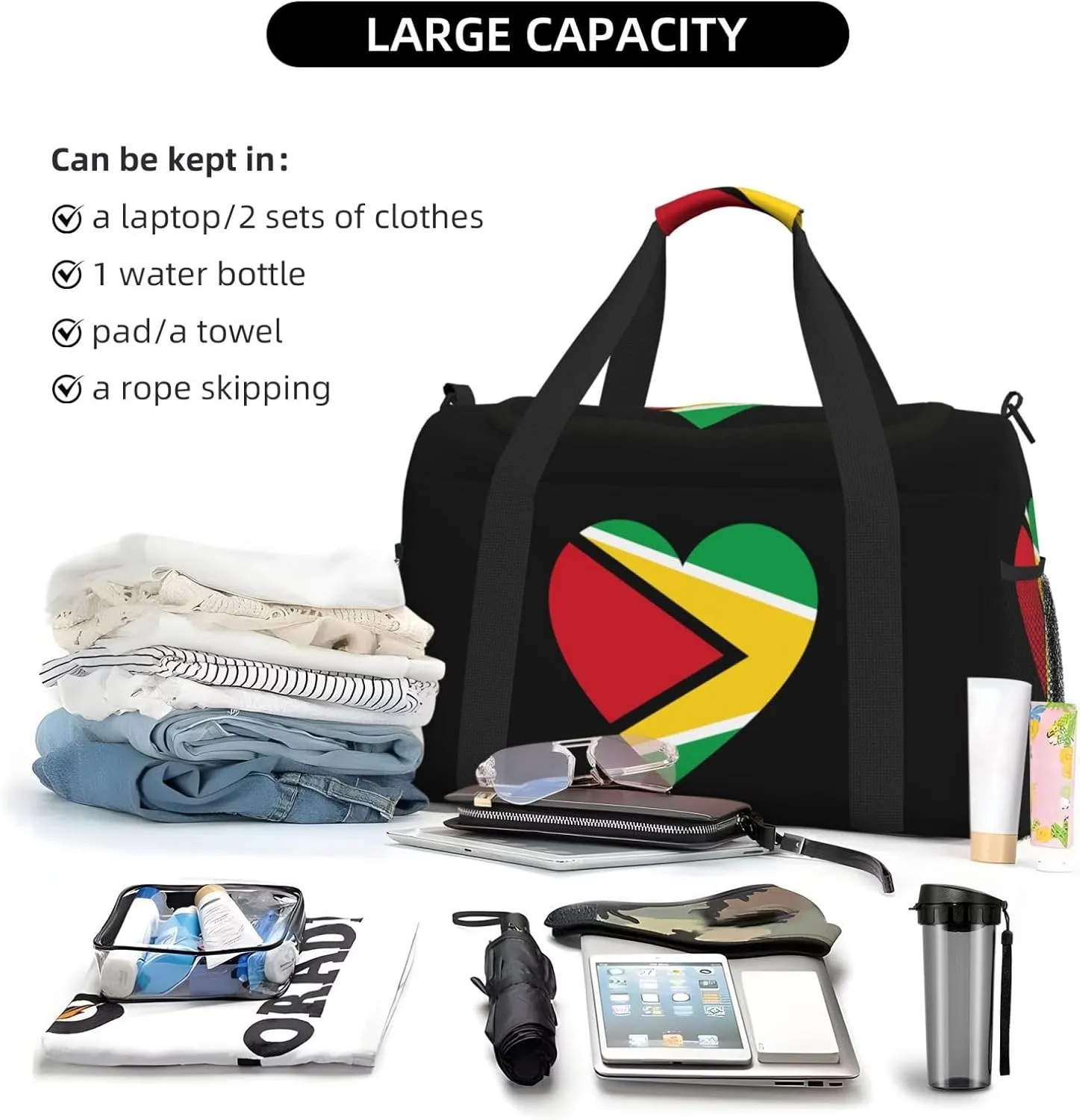 Love Guyana Flag Travel Duffel Bag Large Foldable Waterproof Overnight Bag For Beach Swim Bags Pool Sports Gym