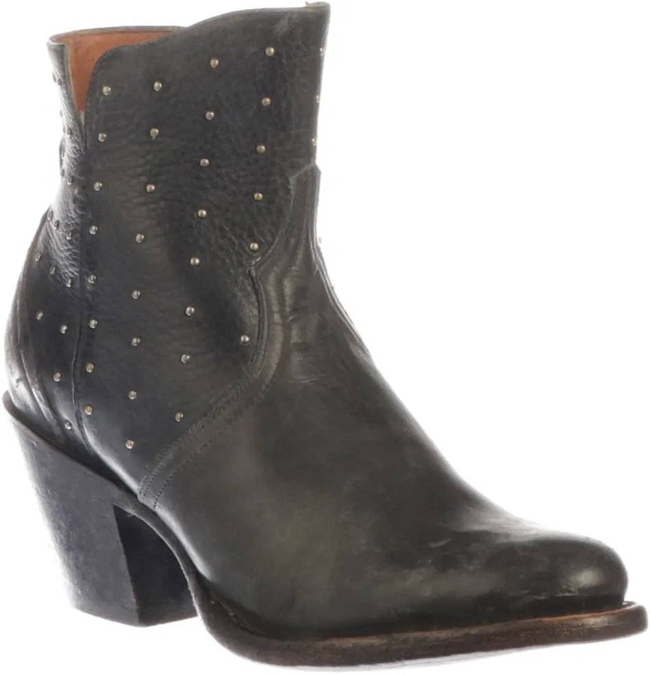Lucchese Womens Harley Cowhide Studded Round Toe Casual Boots Ankle Mid Heel 2-3" - Black