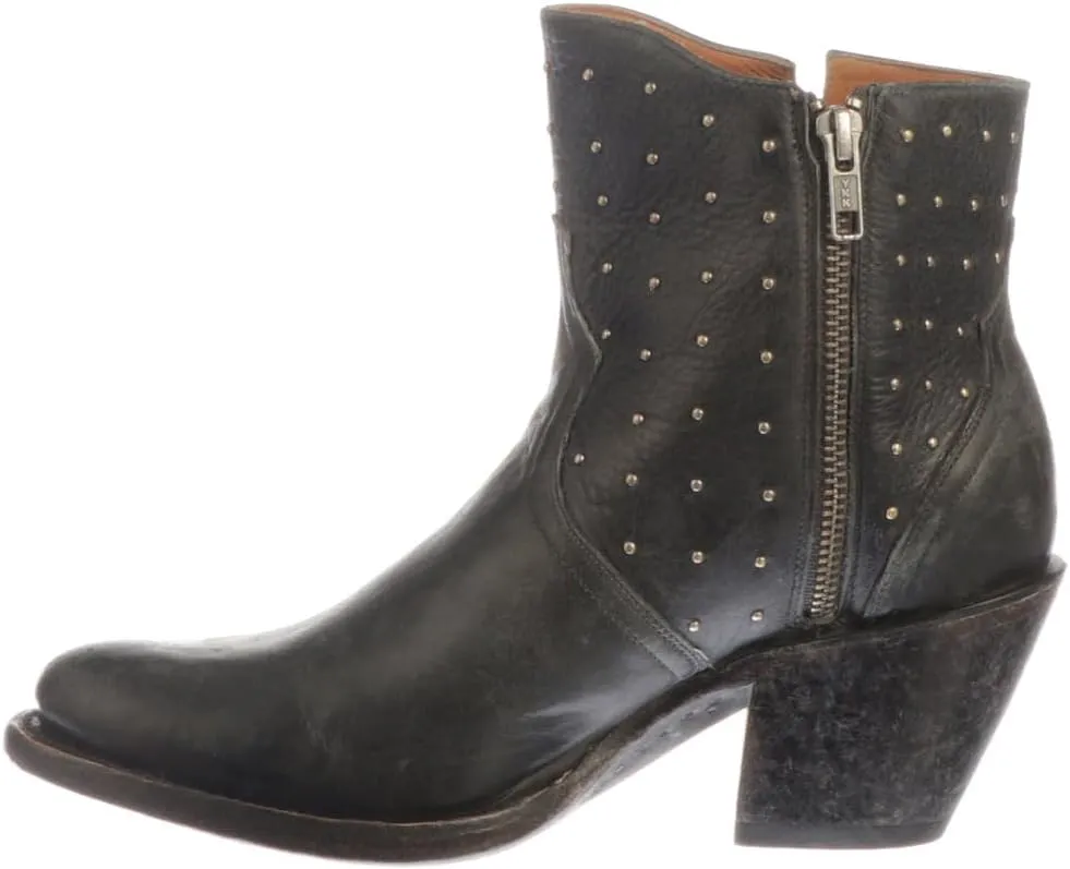 Lucchese Womens Harley Cowhide Studded Round Toe Casual Boots Ankle Mid Heel 2-3" - Black
