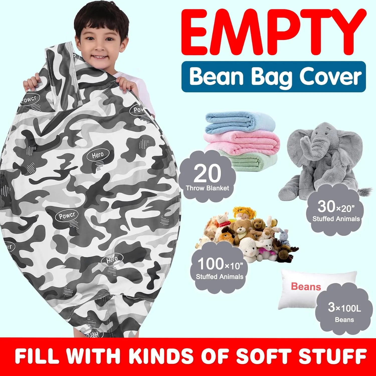Lukeight Stuffed Animal Storage Bean Bag Chair Cover (No Filling) for Kids, Zipper Beanbag Chair Cover for Organizing Toddler and Kids' Rooms Plush Toys (Camo Velvet, XX-Large)