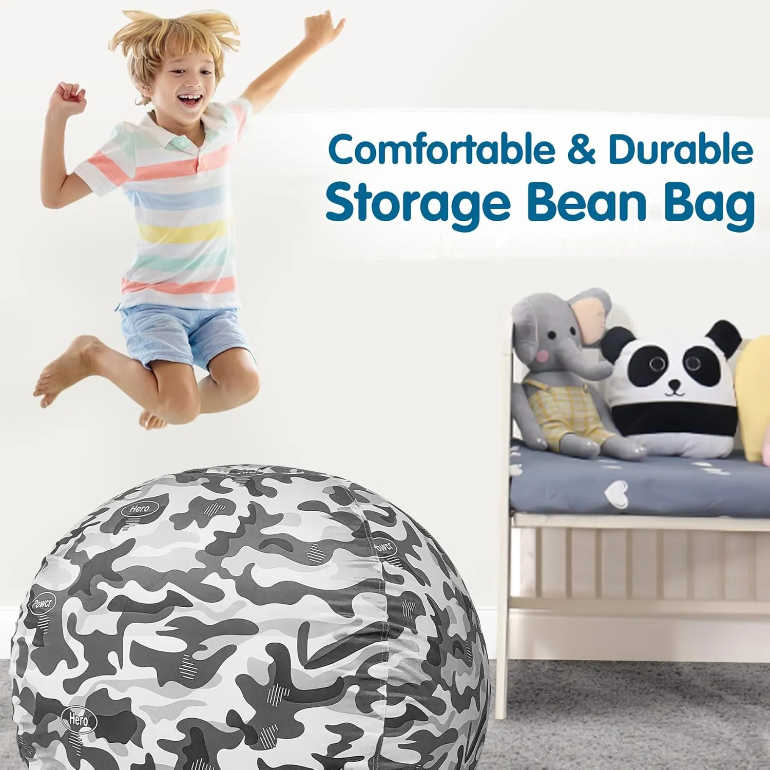 Lukeight Stuffed Animal Storage Bean Bag Chair Cover (No Filling) for Kids, Zipper Beanbag Chair Cover for Organizing Toddler and Kids' Rooms Plush Toys (Camo Velvet, XX-Large)