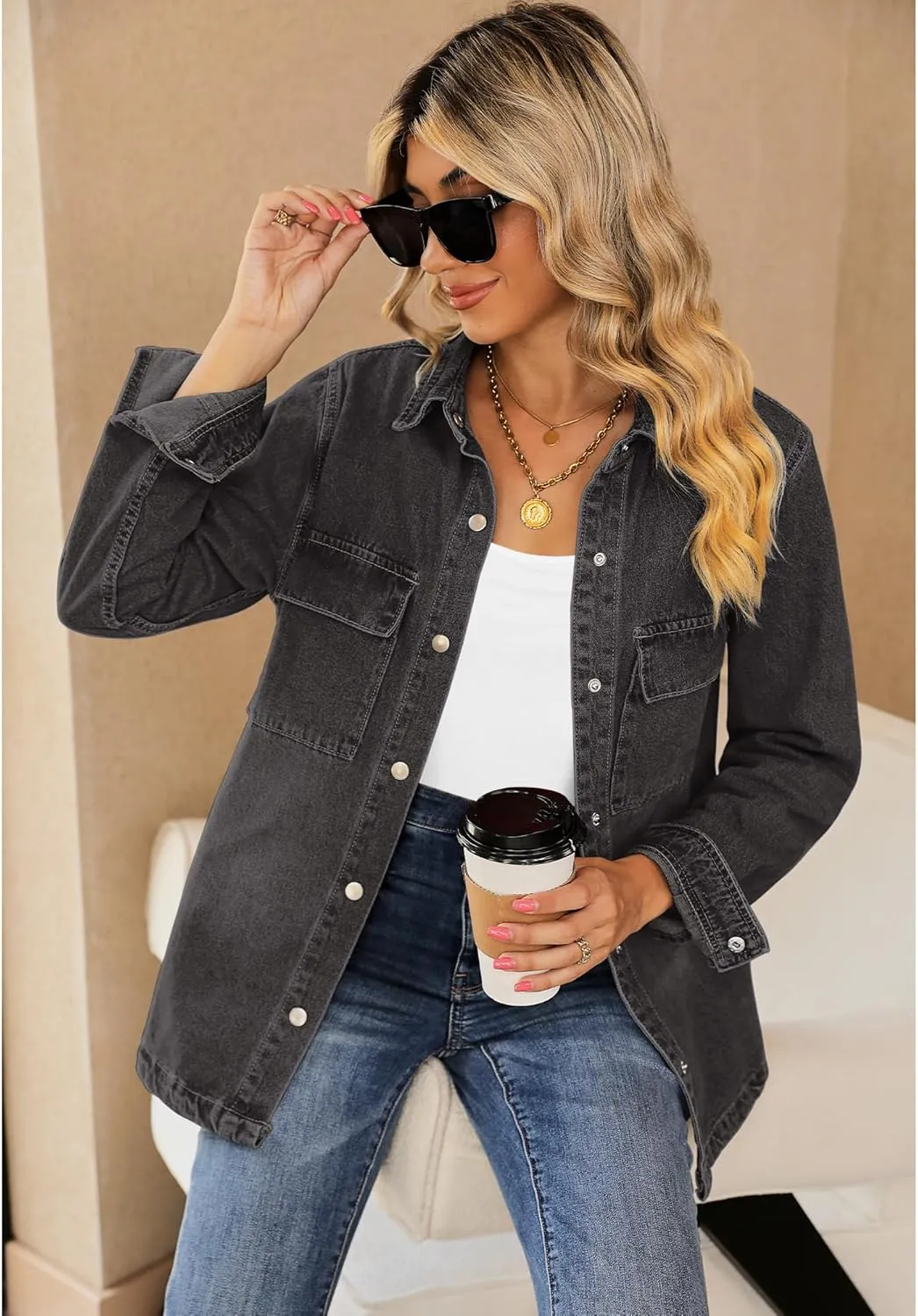 luvamia 2025 Spring Jean Jackets for Women Fashion Oversized Button Down Denim Jacket Western Shacket Jacket with Pockets
