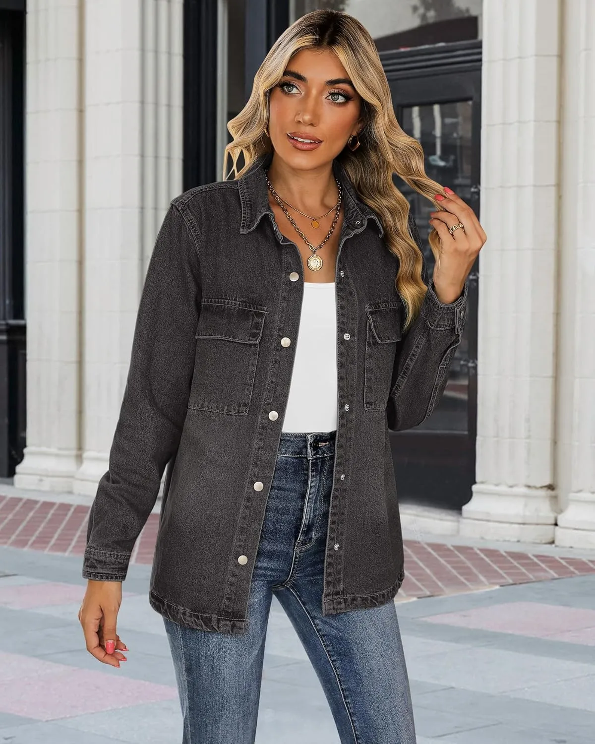 luvamia 2025 Spring Jean Jackets for Women Fashion Oversized Button Down Denim Jacket Western Shacket Jacket with Pockets