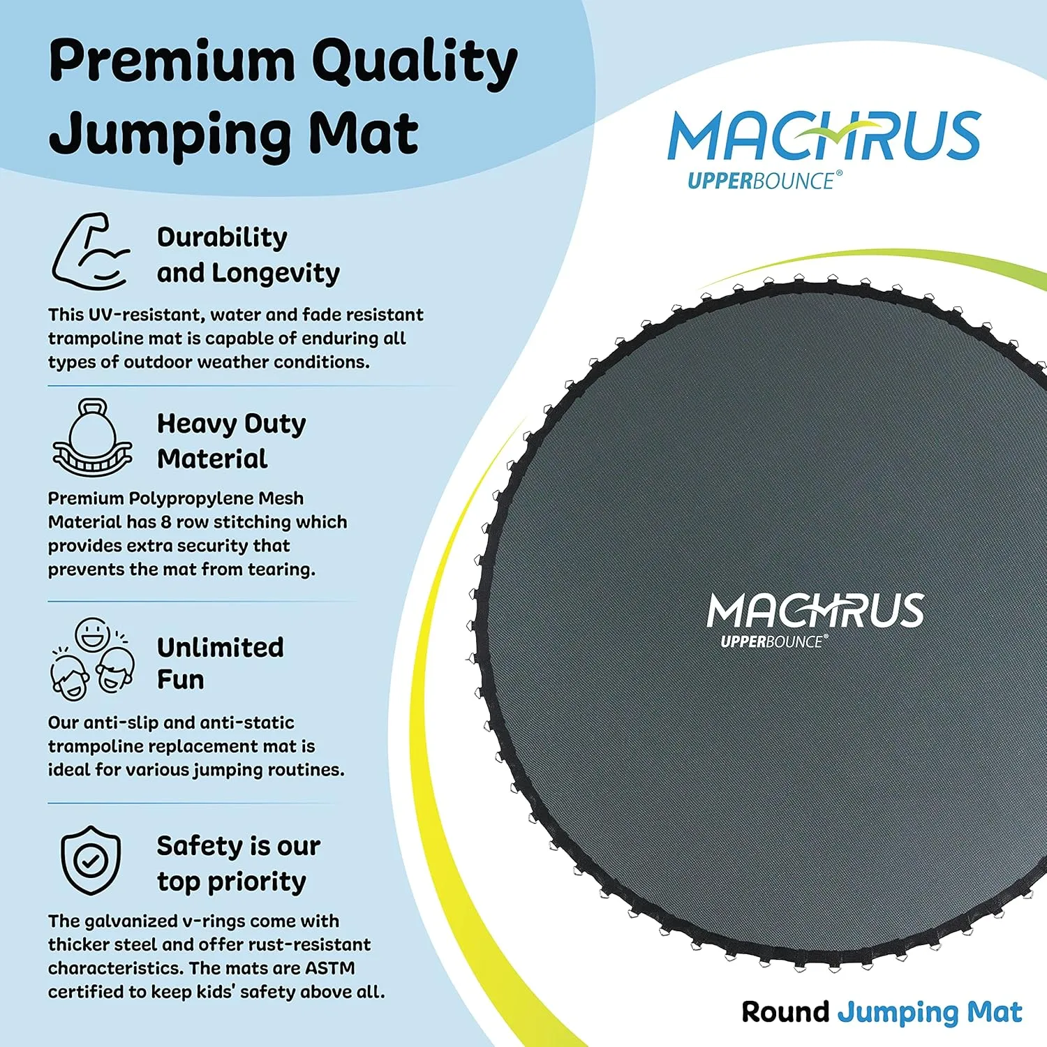 Machrus Upper Bounce Trampoline Replacement Mat 7.5FT 8FT 10FT 11FT 12FT 13FT 14FT 15FT 16FT with V-Rings - UV & Water Resistant
