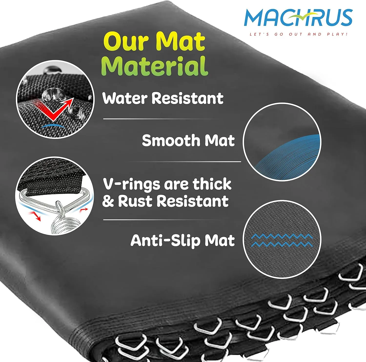 Machrus Upper Bounce Trampoline Replacement Mat 7.5FT 8FT 10FT 11FT 12FT 13FT 14FT 15FT 16FT with V-Rings - UV & Water Resistant