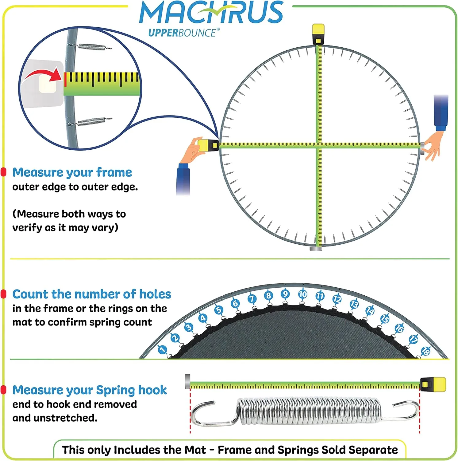 Machrus Upper Bounce Trampoline Replacement Mat 7.5FT 8FT 10FT 11FT 12FT 13FT 14FT 15FT 16FT with V-Rings - UV & Water Resistant