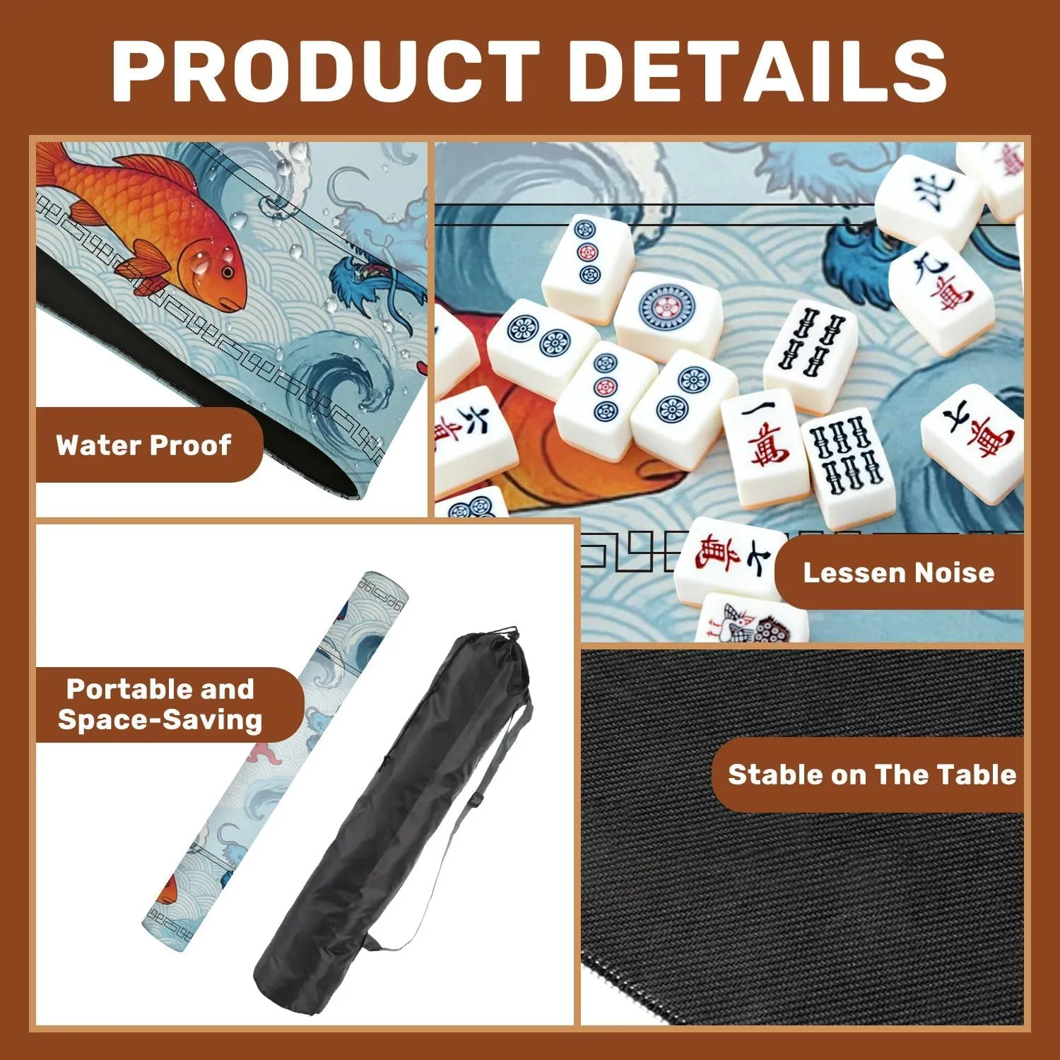 Mahjong Mat 31.5" x 31.5" Asian Dragon Japanese Fish Suitable for Fabric Like Non-Slip Noise Reduction Table Cover for Mahjong Dominoes Poker Card Board and Tile Games