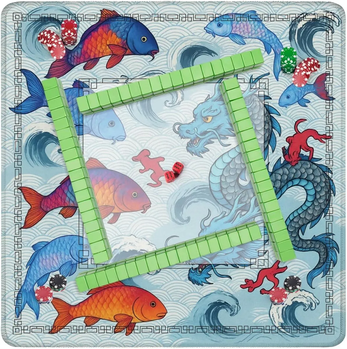 Mahjong Mat 31.5" x 31.5" Asian Dragon Japanese Fish Suitable for Fabric Like Non-Slip Noise Reduction Table Cover for Mahjong Dominoes Poker Card Board and Tile Games