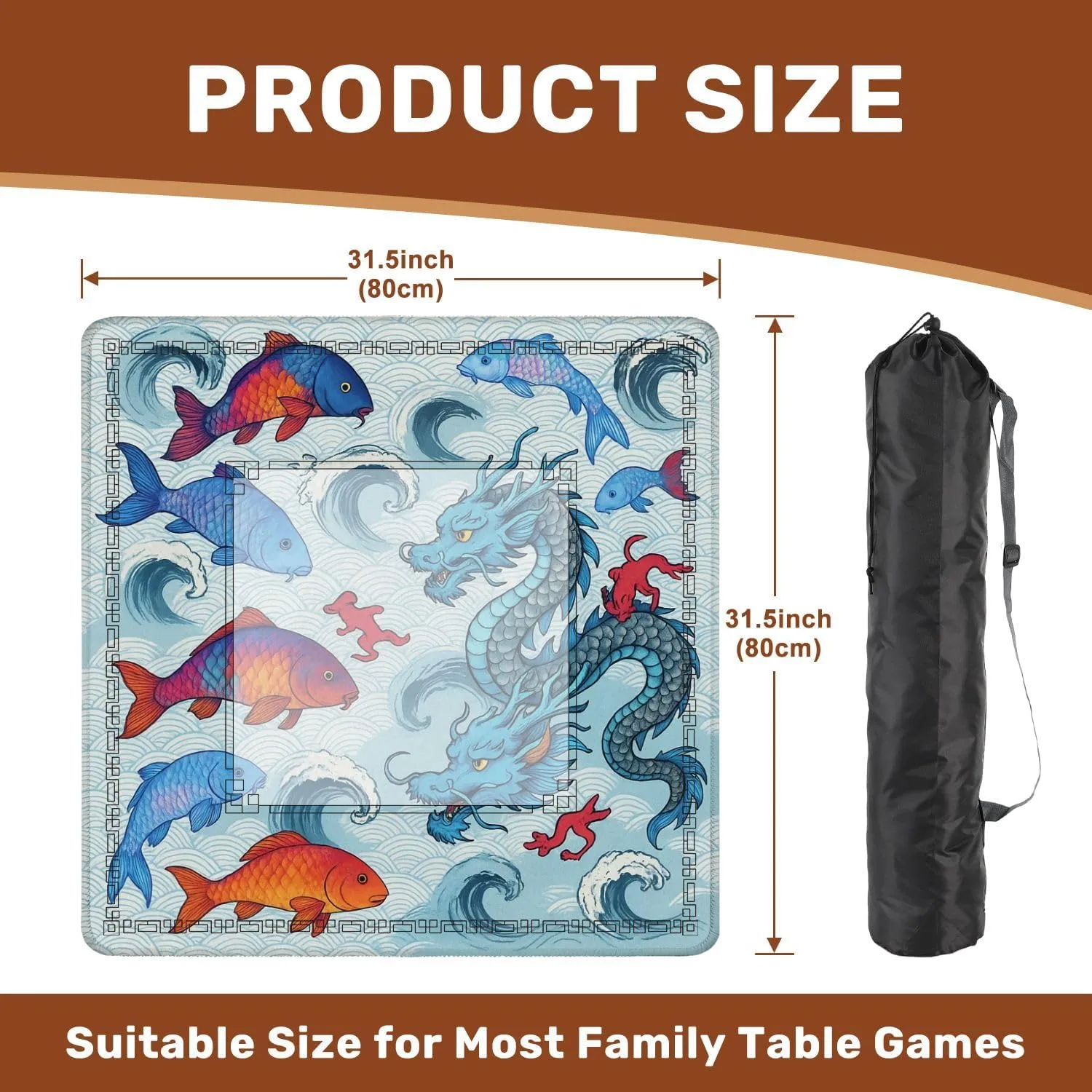 Mahjong Mat 31.5" x 31.5" Asian Dragon Japanese Fish Suitable for Fabric Like Non-Slip Noise Reduction Table Cover for Mahjong Dominoes Poker Card Board and Tile Games