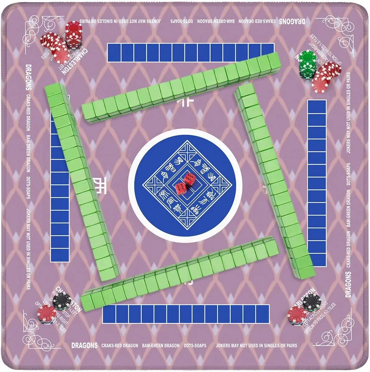 Mahjong Mat with Rules 31.5" x 31.5" Feather Seamless Decorative Fish Scales All Design Simple Geometric Non-Slip Noise Reduction Table Cover for Mahjong Dominoes Poker Card Board and Tile Games