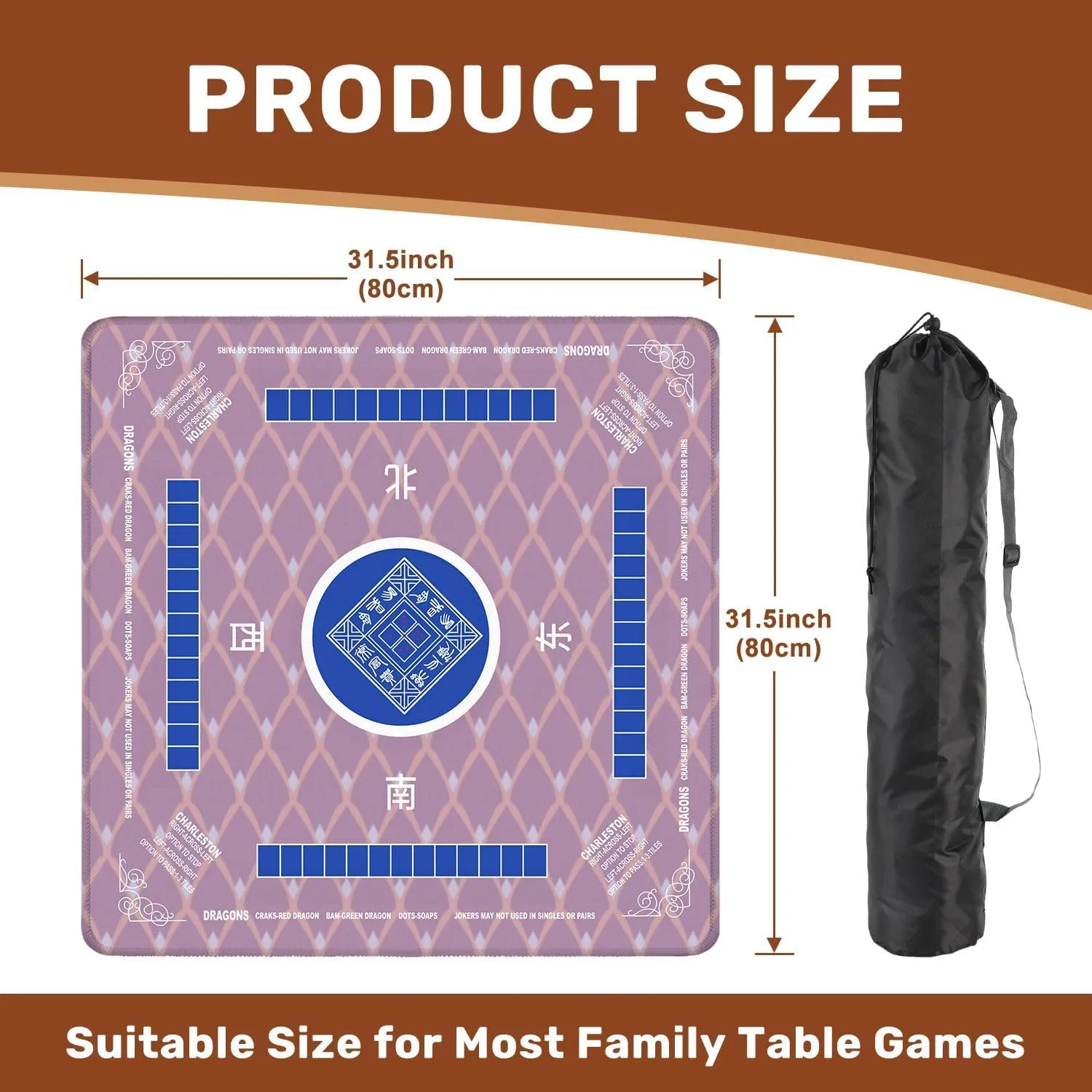 Mahjong Mat with Rules 31.5" x 31.5" Feather Seamless Decorative Fish Scales All Design Simple Geometric Non-Slip Noise Reduction Table Cover for Mahjong Dominoes Poker Card Board and Tile Games