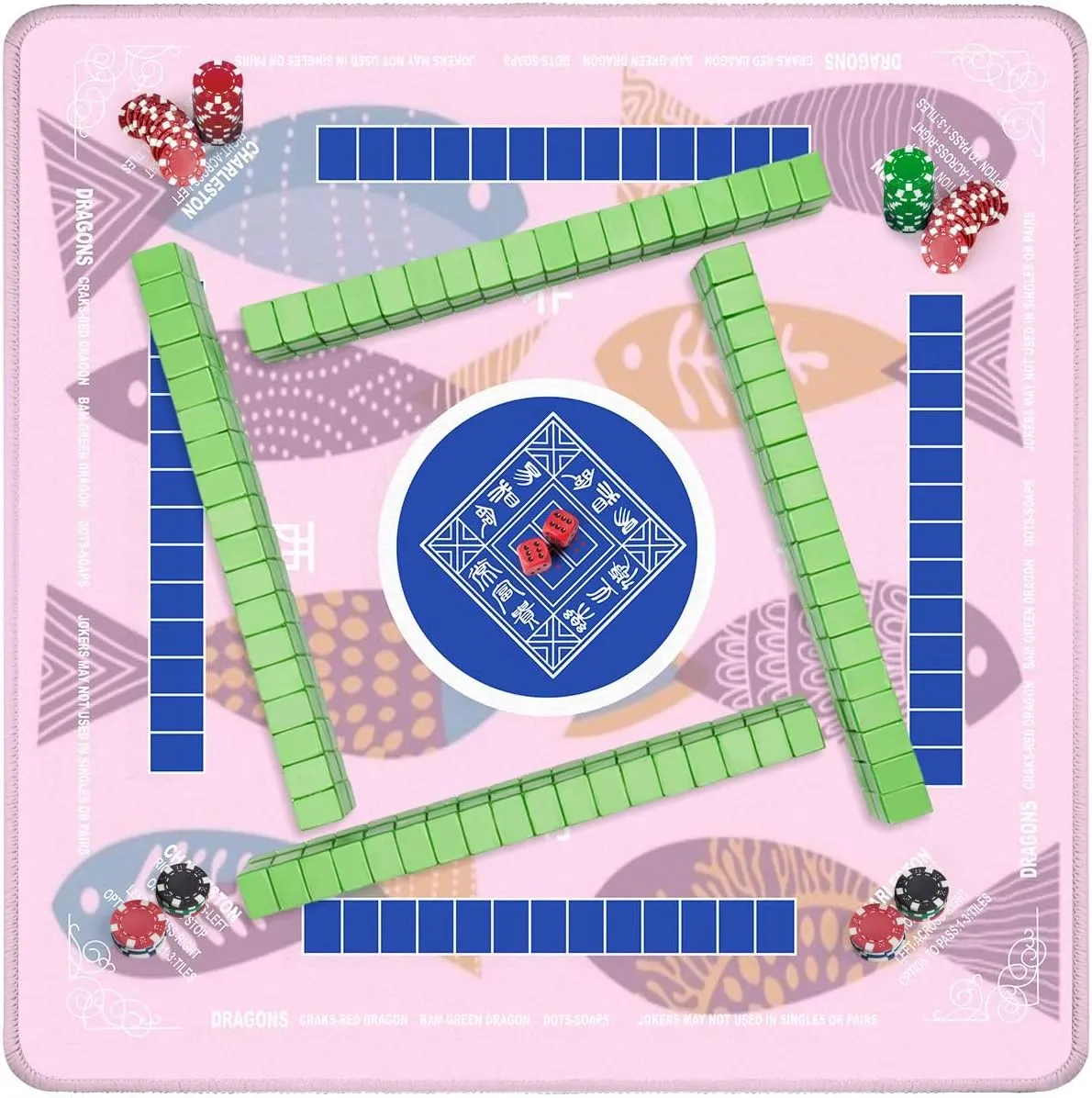 Mahjong Mat with Rules 31.5" x 31.5" Retro Stylised Fish Non-Slip Noise Reduction Table Cover for Mahjong Dominoes Poker Card Board and Tile Games