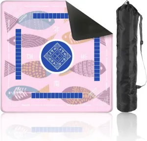 Mahjong Mat with Rules 31.5" x 31.5" Retro Stylised Fish Non-Slip Noise Reduction Table Cover for Mahjong Dominoes Poker Card Board and Tile Games