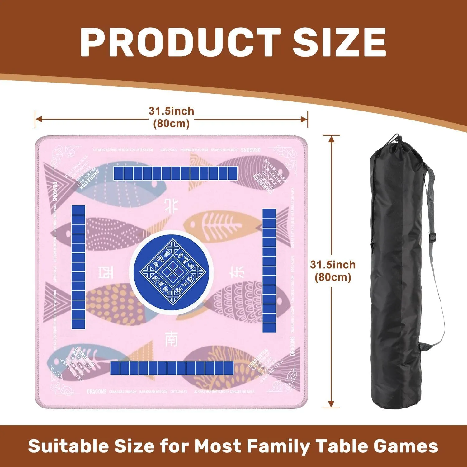Mahjong Mat with Rules 31.5" x 31.5" Retro Stylised Fish Non-Slip Noise Reduction Table Cover for Mahjong Dominoes Poker Card Board and Tile Games