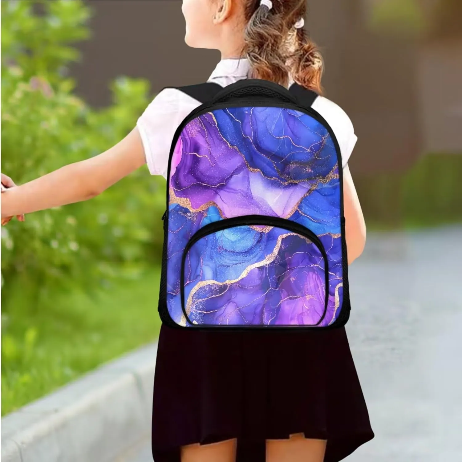 Marble Backpack for Girls Kids Backpack with Lunch Box and Big Capacity Pencil Case 3 Pcs Set 12" Sturdy Bookbag with Front Pocket Lightweight School Bag with Side Pockets for Toddler Girls