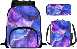 Marble Backpack for Girls Kids Backpack with Lunch Box and Big Capacity Pencil Case 3 Pcs Set 12" Sturdy Bookbag with Front Pocket Lightweight School Bag with Side Pockets for Toddler Girls