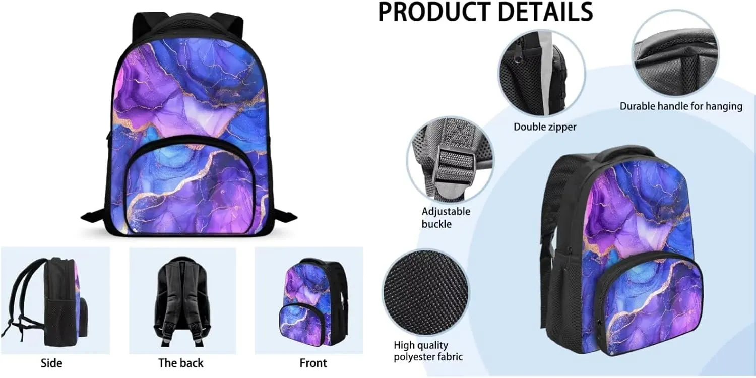 Marble Backpack for Girls Kids Backpack with Lunch Box and Big Capacity Pencil Case 3 Pcs Set 12" Sturdy Bookbag with Front Pocket Lightweight School Bag with Side Pockets for Toddler Girls