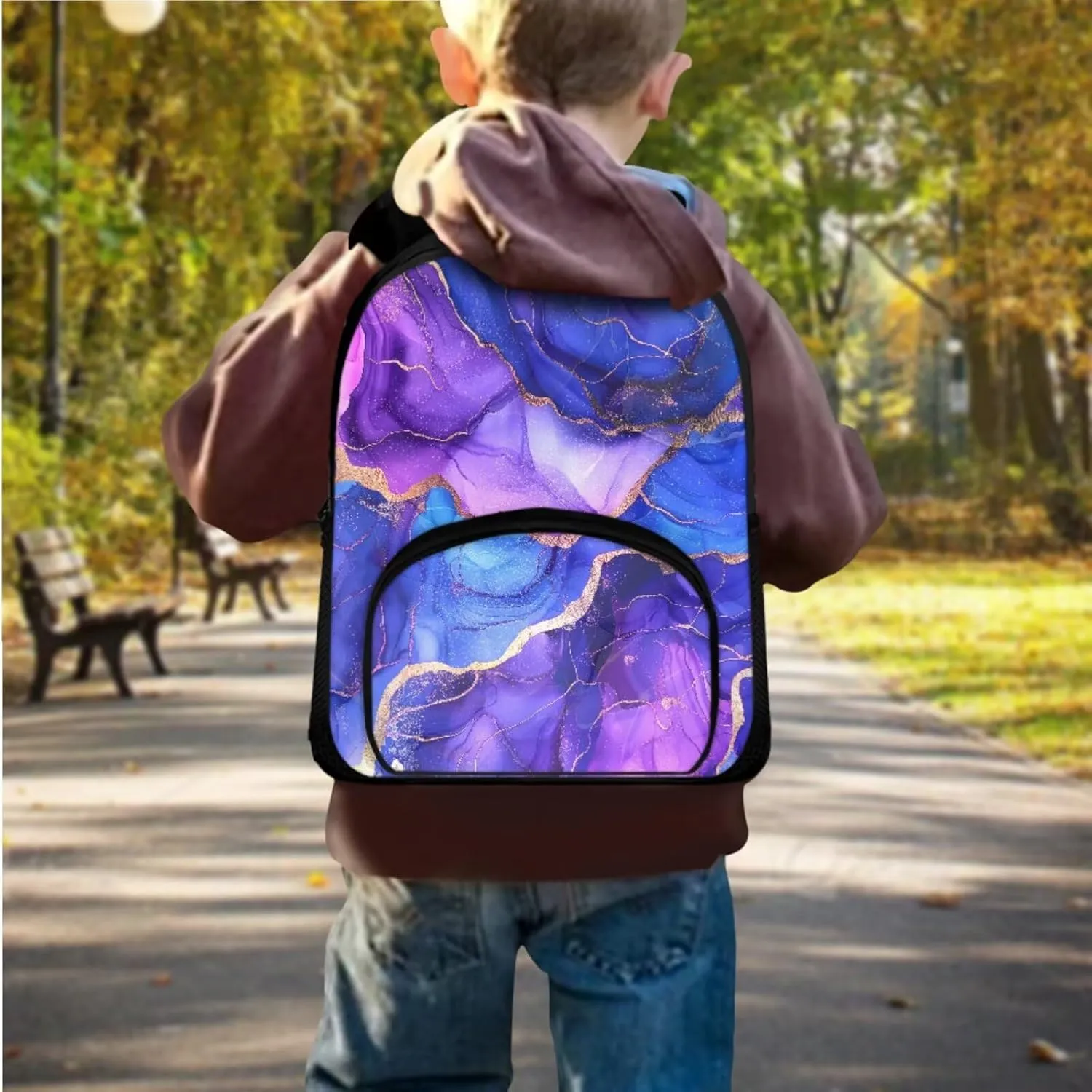 Marble Backpack for Girls Kids Backpack with Lunch Box and Big Capacity Pencil Case 3 Pcs Set 12" Sturdy Bookbag with Front Pocket Lightweight School Bag with Side Pockets for Toddler Girls