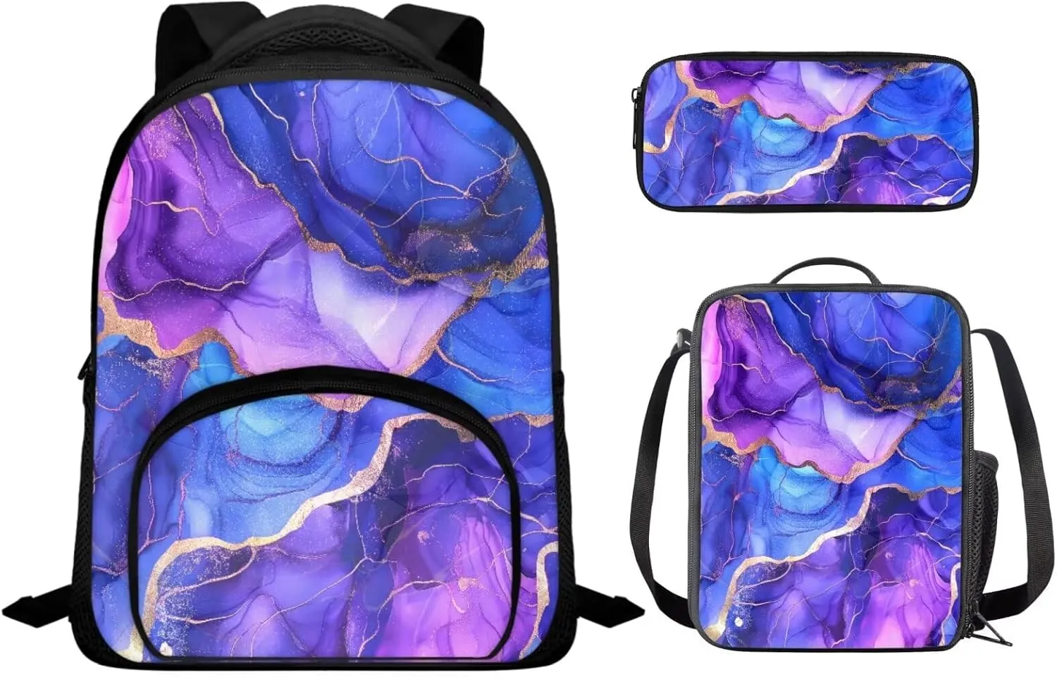 Marble Backpack for Girls Kids Backpack with Lunch Box and Big Capacity Pencil Case 3 Pcs Set 12" Sturdy Bookbag with Front Pocket Lightweight School Bag with Side Pockets for Toddler Girls