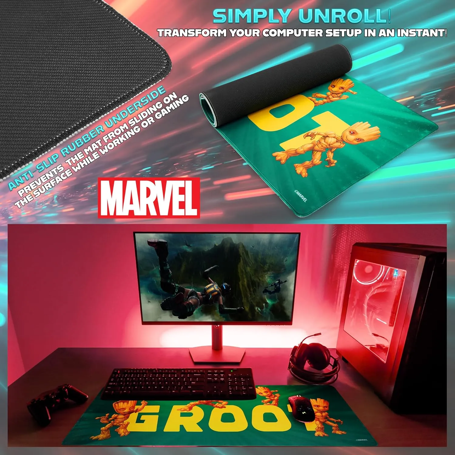 Marvel Groot Desk Mat Large Mouse Mat 31.2 x 13.9” Desk Protector Mat for PC Laptop Keyboard, Gaming & Office Supplies, Non Slip - Groot Gifts for Men (Green Groot)