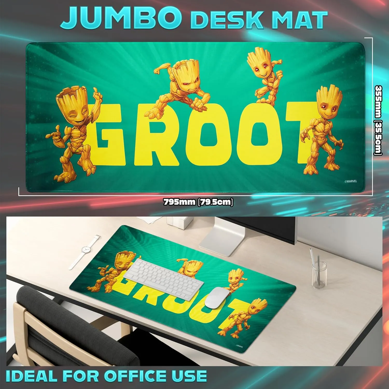Marvel Groot Desk Mat Large Mouse Mat 31.2 x 13.9” Desk Protector Mat for PC Laptop Keyboard, Gaming & Office Supplies, Non Slip - Groot Gifts for Men (Green Groot)