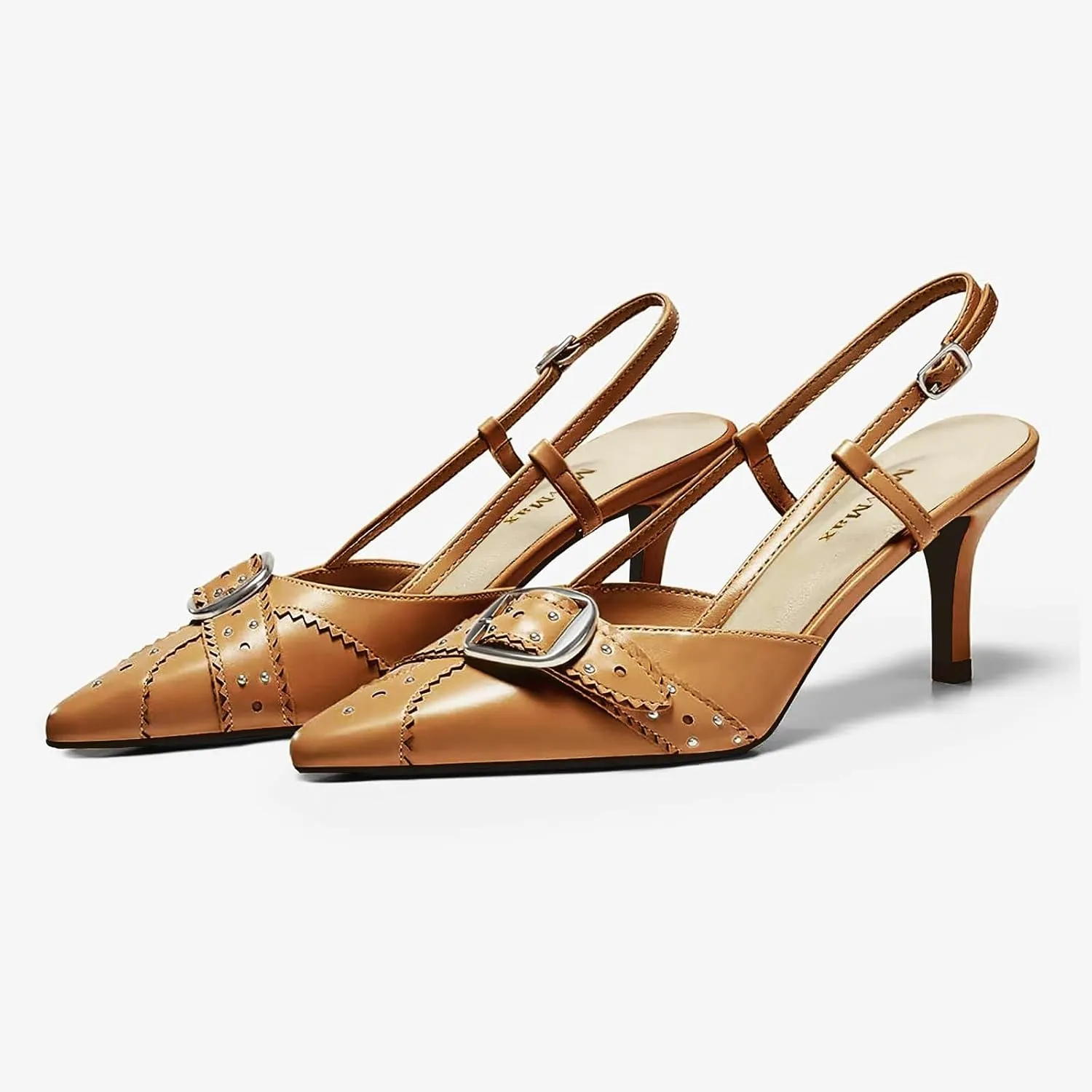 MAVMAX Slingback Heels for Women Studded Pointed Toe Kitten Heels Pumps Buckle Stiletto Backless Heeled Sandals Wedding Party Dress Shoes
