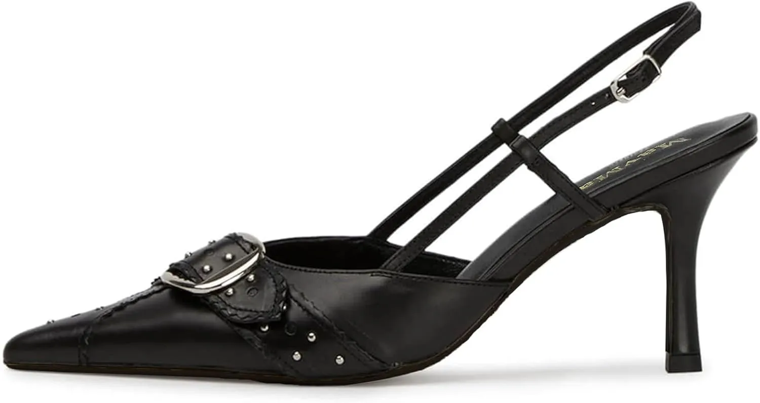MAVMAX Slingback Heels for Women Studded Pointed Toe Kitten Heels Pumps Buckle Stiletto Backless Heeled Sandals Wedding Party Dress Shoes