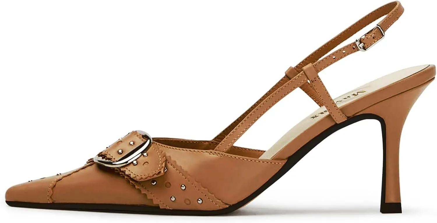 MAVMAX Slingback Heels for Women Studded Pointed Toe Kitten Heels Pumps Buckle Stiletto Backless Heeled Sandals Wedding Party Dress Shoes