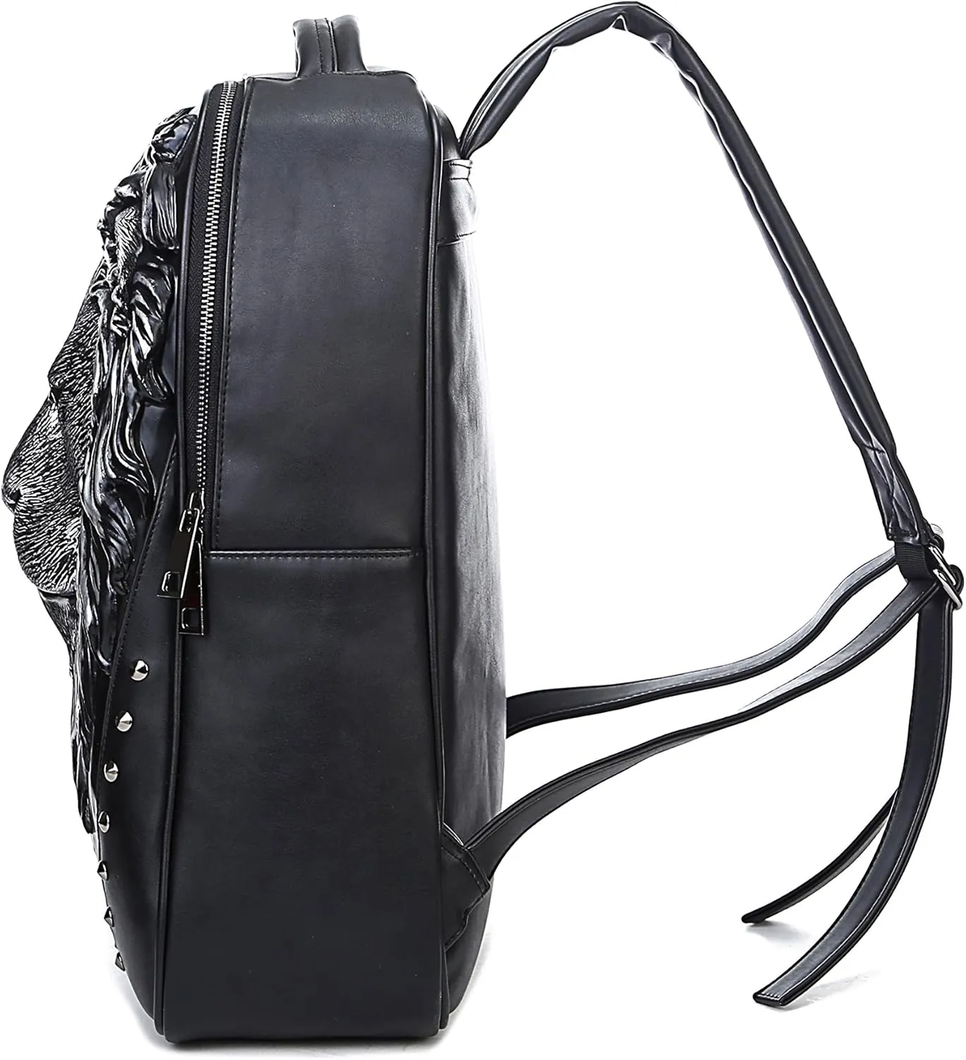 Men Casual Pu Leather Backpack Women 3D Lionhead Studded Pack Travel Outdoor Daypack Laptop Bag