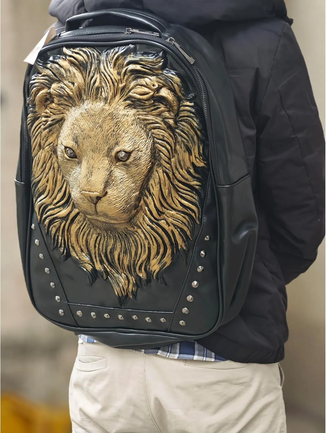 Men Casual Pu Leather Backpack Women 3D Lionhead Studded Pack Travel Outdoor Daypack Laptop Bag