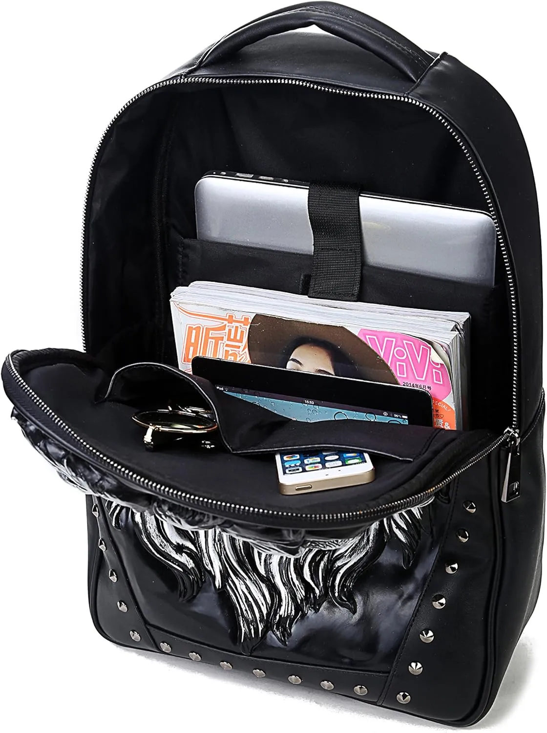 Men Casual Pu Leather Backpack Women 3D Lionhead Studded Pack Travel Outdoor Daypack Laptop Bag