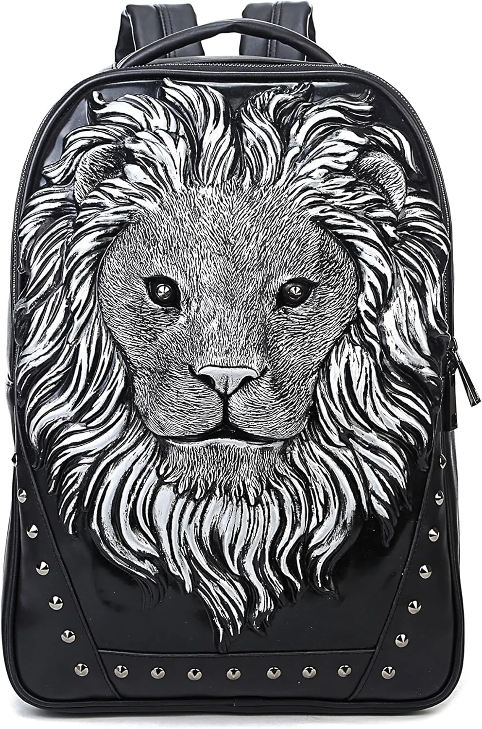 Men Casual Pu Leather Backpack Women 3D Lionhead Studded Pack Travel Outdoor Daypack Laptop Bag
