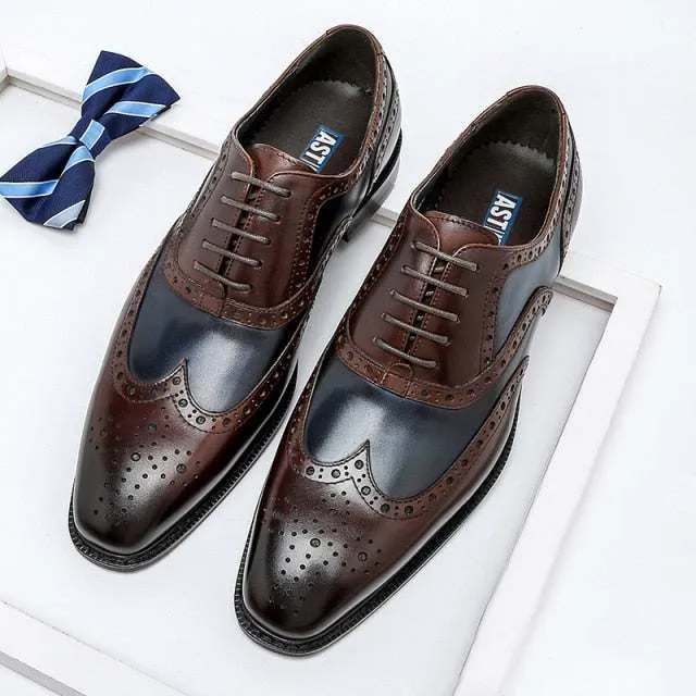 Men Genuine Wingtip Shoes Leather Oxford Pointed Toe Dress Shoes