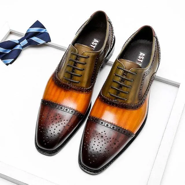 Men Genuine Wingtip Shoes Leather Oxford Pointed Toe Dress Shoes