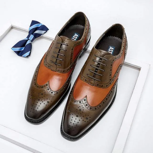 Men Genuine Wingtip Shoes Leather Oxford Pointed Toe Dress Shoes