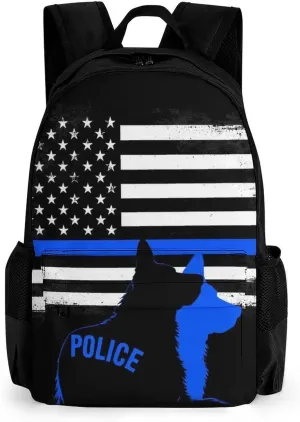 Men Women Lightweight American Thin Blue Line Police Dog Flag Black Backpack Large Capacity Bookbag With Smooth Zippers for Gym Business Running