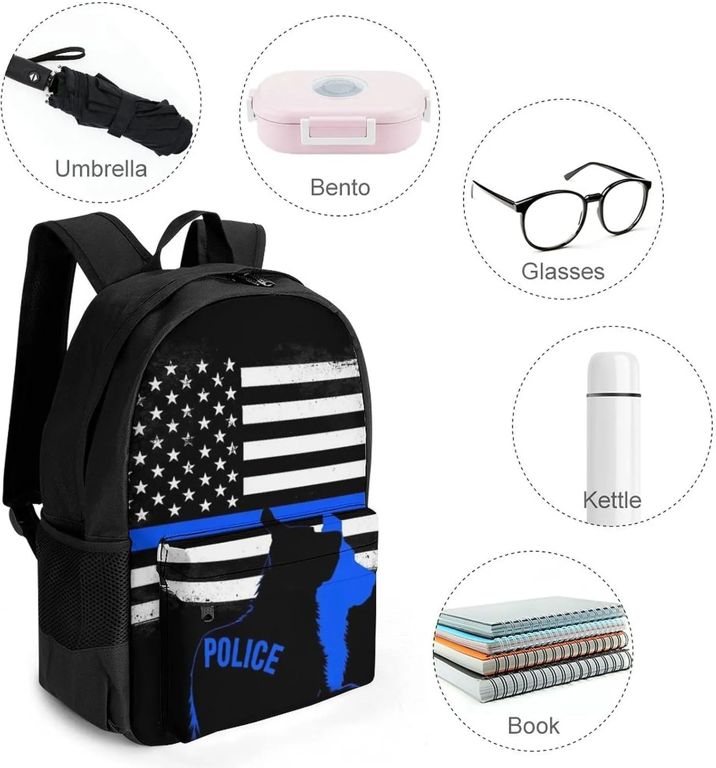 Men Women Lightweight American Thin Blue Line Police Dog Flag Black Backpack Large Capacity Bookbag With Smooth Zippers for Gym Business Running